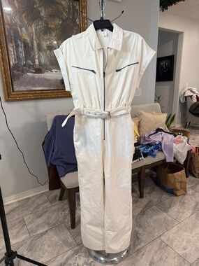 White Zip-Front Utility Jumpsuit with Belt